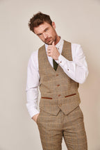 Man wearing men's TED - Tan Tweed Check Waistcoat - Marc Darcy Menswear