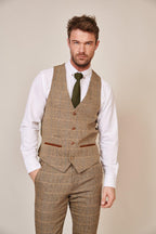 Man wearing men's TED - Tan Tweed Check Waistcoat - Marc Darcy Menswear