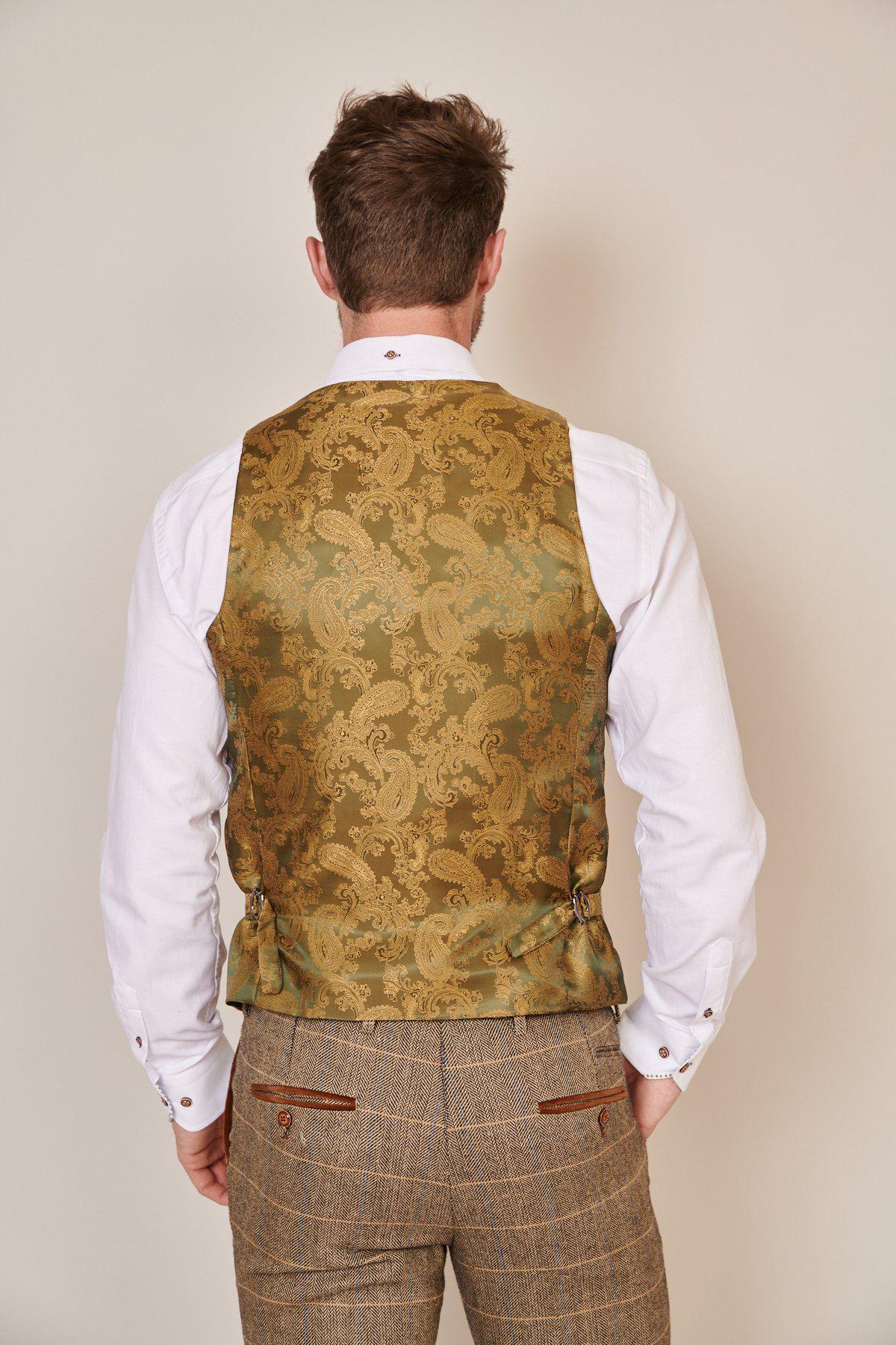 Man wearing men's TED - Tan Tweed Check Waistcoat - Marc Darcy Menswear