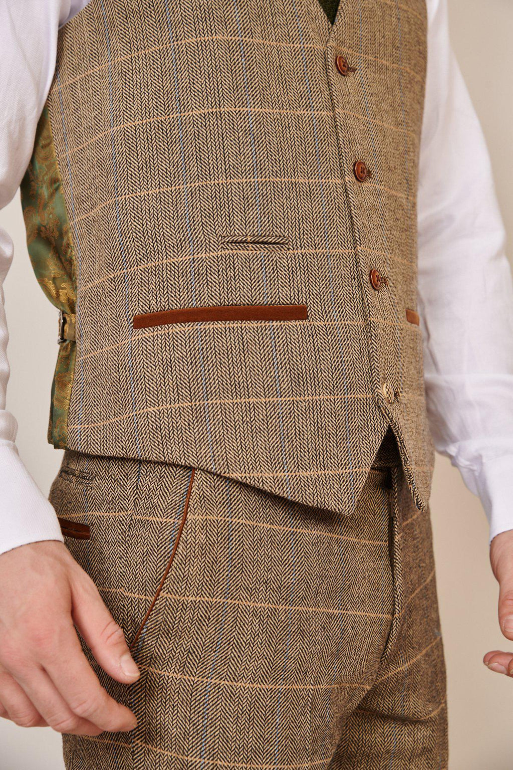 Man wearing men's TED - Tan Tweed Check Waistcoat - Marc Darcy Menswear