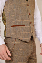 Man wearing men's TED - Tan Tweed Check Waistcoat - Marc Darcy Menswear