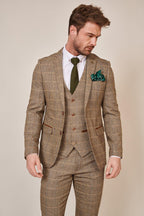 Man wearing men's TED - Tan Tweed Check Blazer - Marc Darcy Menswear