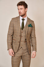 Man wearing men's TED - Tan Tweed Check Blazer - Marc Darcy Menswear