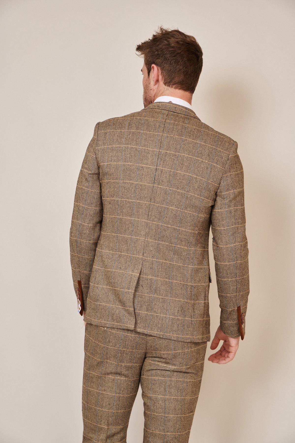 Man wearing men's TED - Tan Tweed Check Blazer - Marc Darcy Menswear