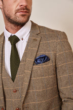 Man wearing men's TED - Tan Tweed Check Blazer - Marc Darcy Menswear