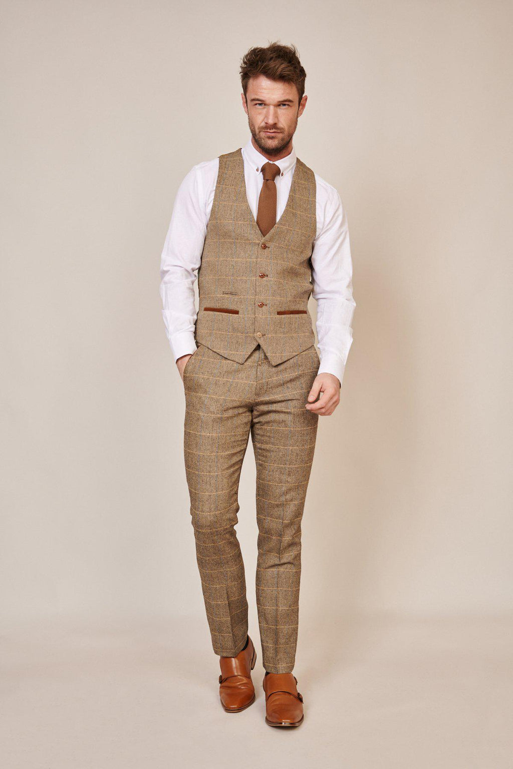Man wearing men's TED - Tan Tweed Check Waistcoat - Marc Darcy Menswear