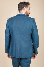 Man wearing men's DION - Blue Tweed Check Blazer - Marc Darcy Menswear