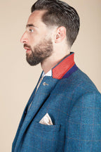 Man wearing men's DION - Blue Tweed Check Blazer - Marc Darcy Menswear