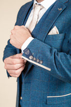 Man wearing men's DION - Blue Tweed Check Blazer - Marc Darcy Menswear