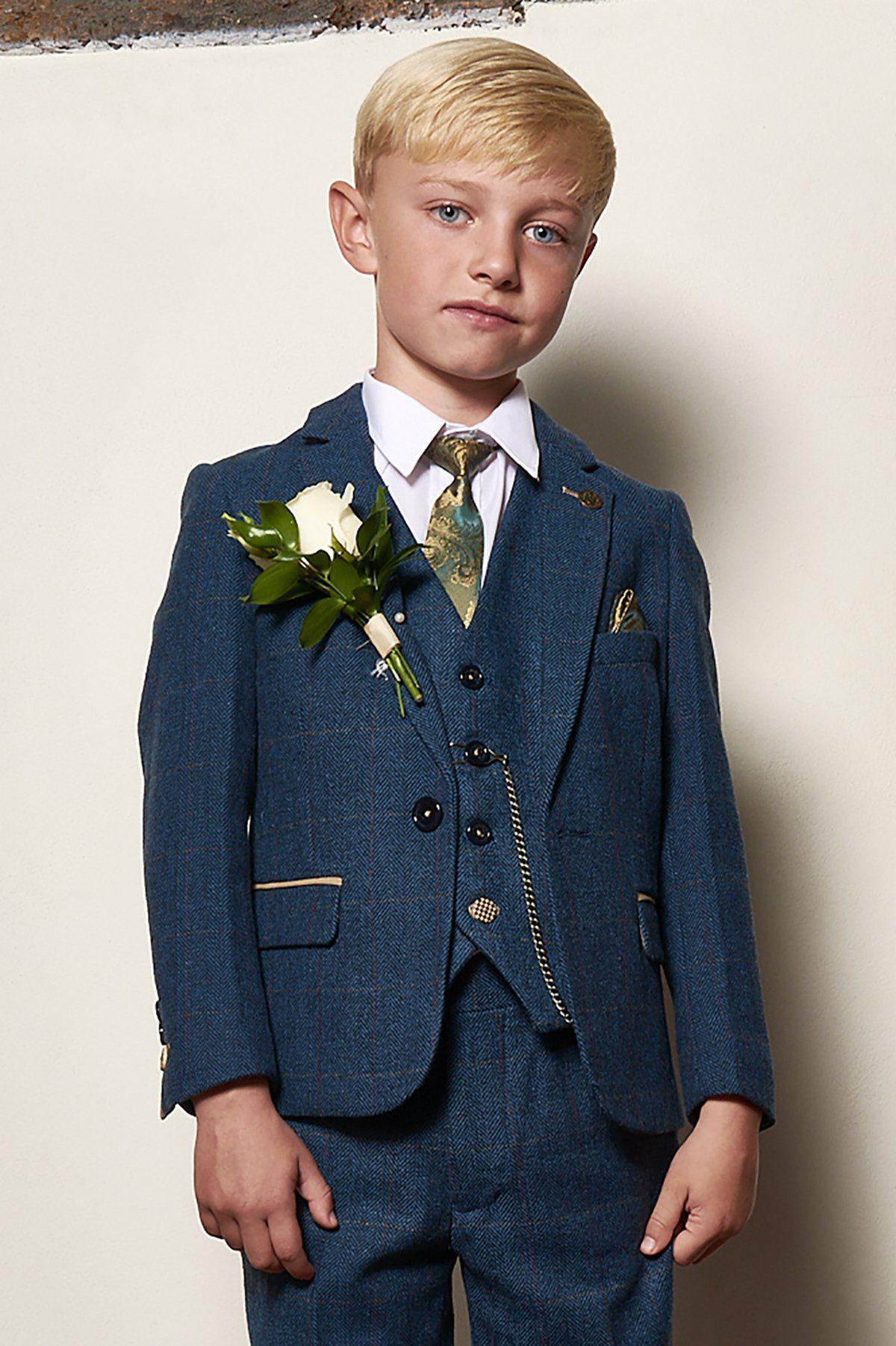 Boy Kid wearing DION - Childrens Blue Tweed Check Three Piece Suit-marcdarcy Menswear