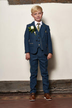 Boy Kid wearing DION - Childrens Blue Tweed Check Three Piece Suit-marcdarcy Menswear