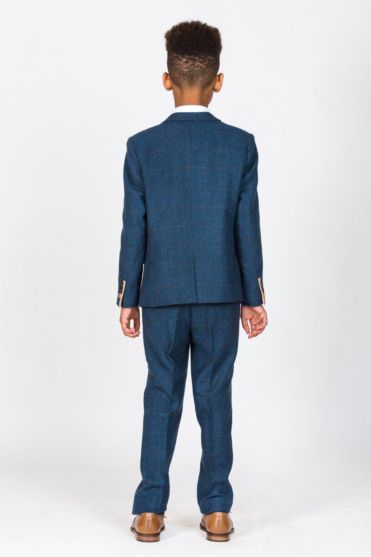 Boy Kid wearing DION - Childrens Blue Tweed Check Three Piece Suit-marcdarcy Menswear