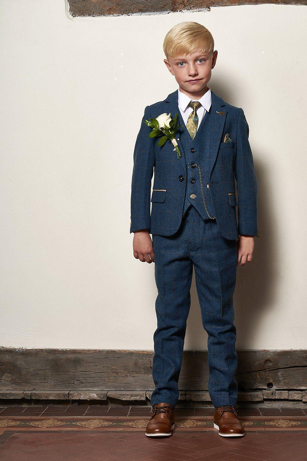Boy Kid wearing DION - Childrens Blue Tweed Check Three Piece Suit-marcdarcy Menswear