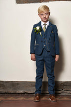 Boy Kid wearing DION - Childrens Blue Tweed Check Three Piece Suit-marcdarcy Menswear