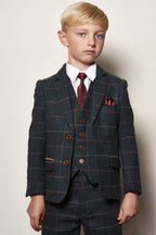 Boy Kid wearing ETON - Childrens Navy Blue Tweed Check Three Piece Suit-marcdarcy Menswear