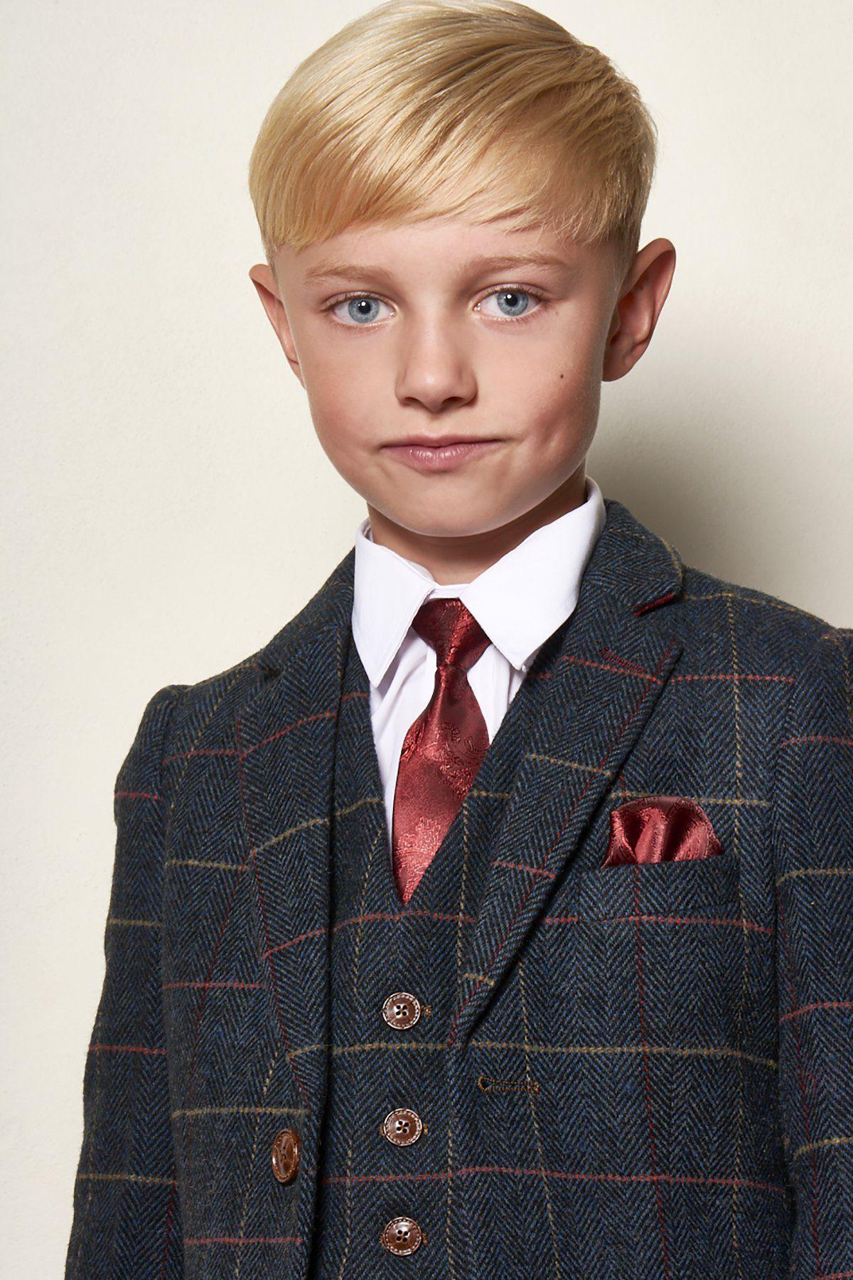 Boy Kid wearing ETON - Childrens Navy Blue Tweed Check Three Piece Suit-marcdarcy Menswear