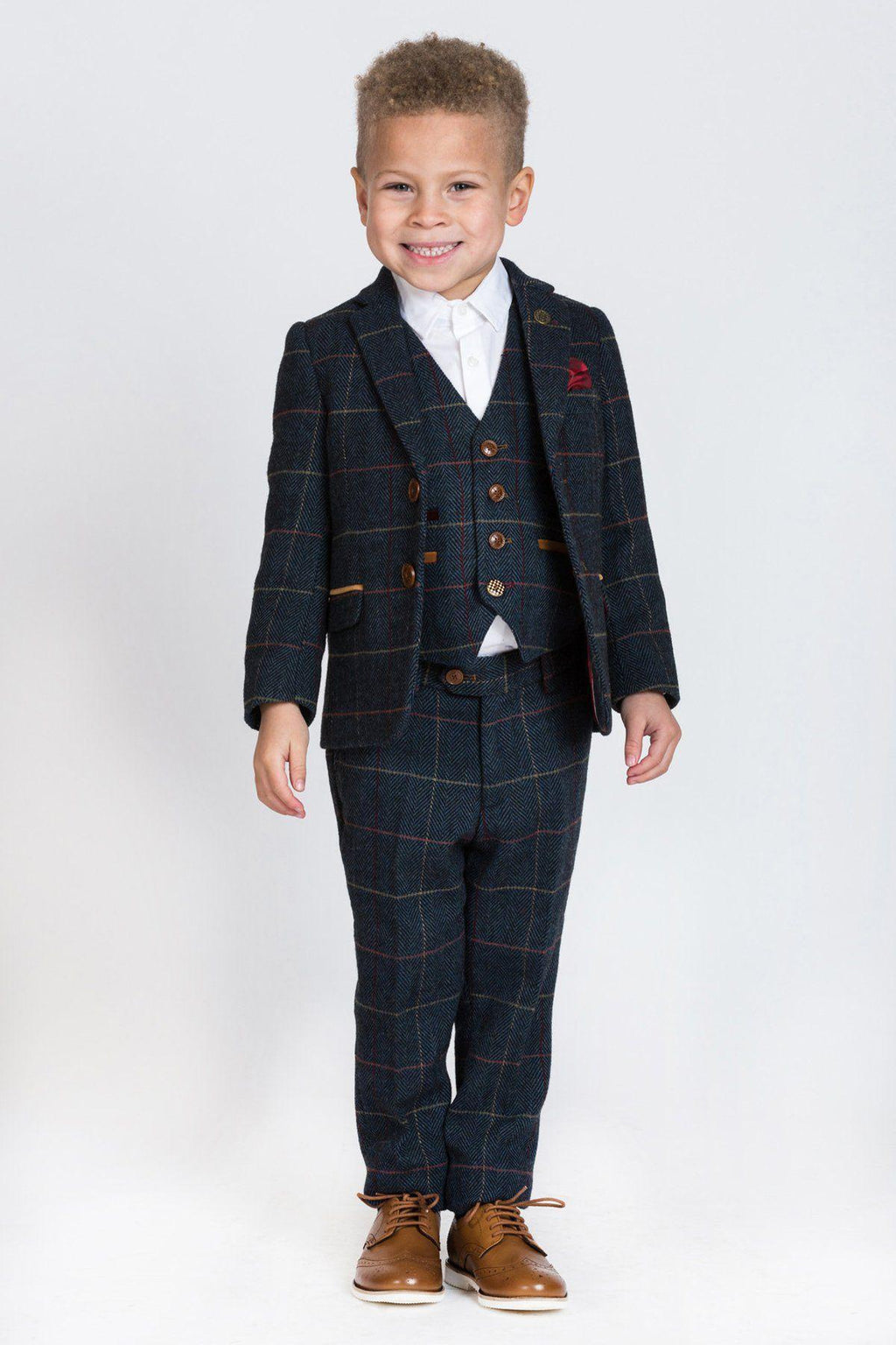 Boy Kid wearing ETON - Childrens Navy Blue Tweed Check Three Piece Suit-marcdarcy Menswear