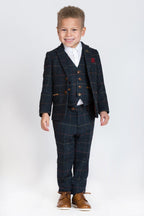 Boy Kid wearing ETON - Childrens Navy Blue Tweed Check Three Piece Suit-marcdarcy Menswear