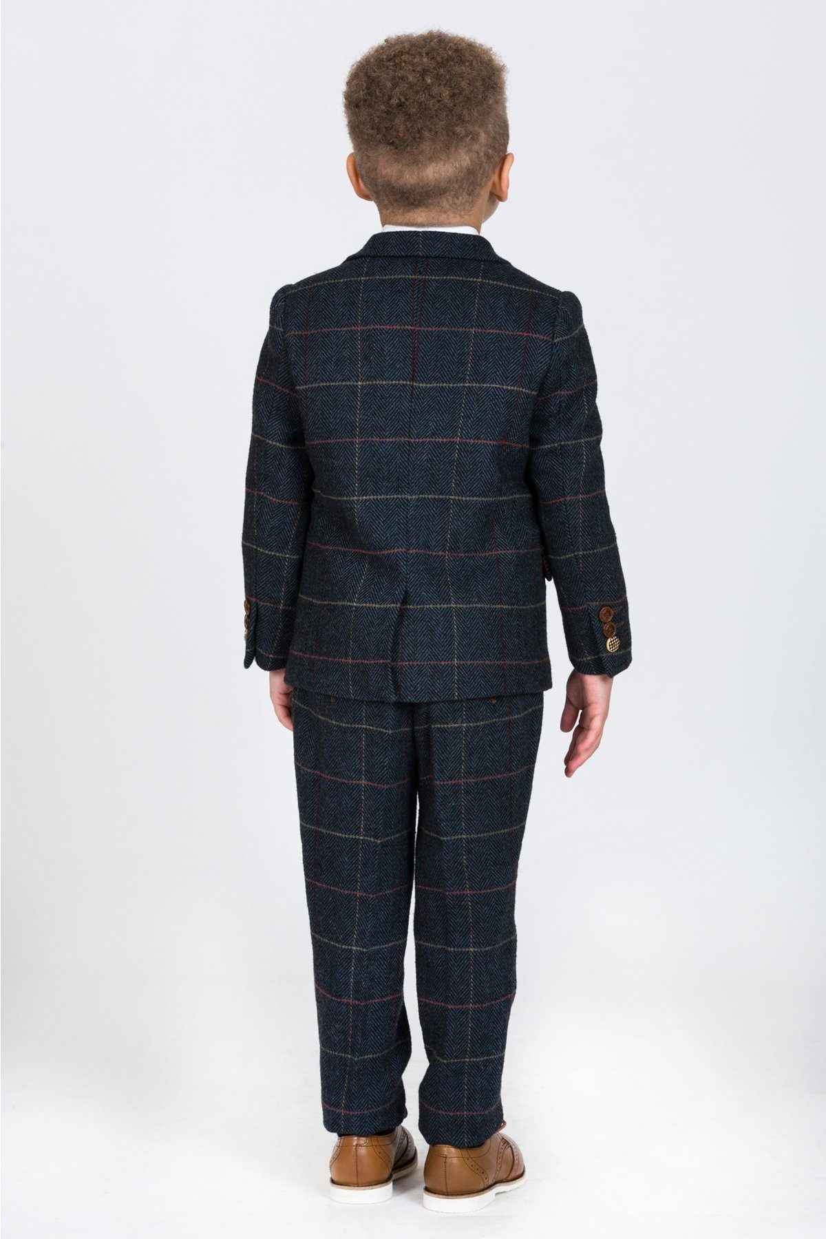 Boy Kid wearing ETON - Childrens Navy Blue Tweed Check Three Piece Suit-marcdarcy Menswear