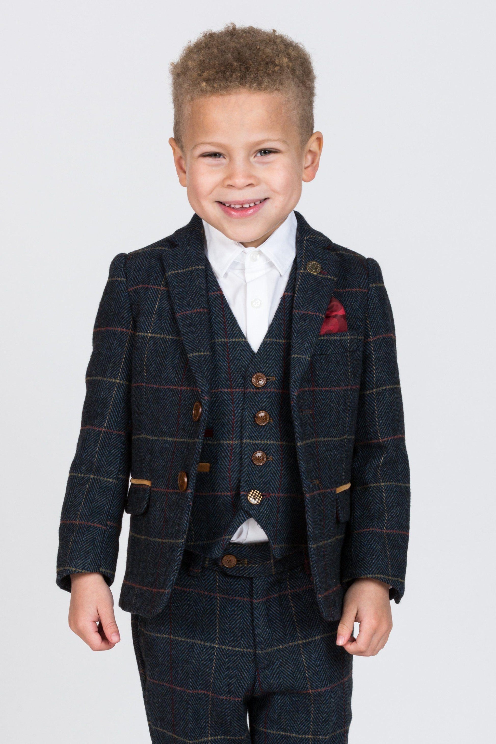 Boy Kid wearing ETON - Childrens Navy Blue Tweed Check Three Piece Suit-marcdarcy Menswear