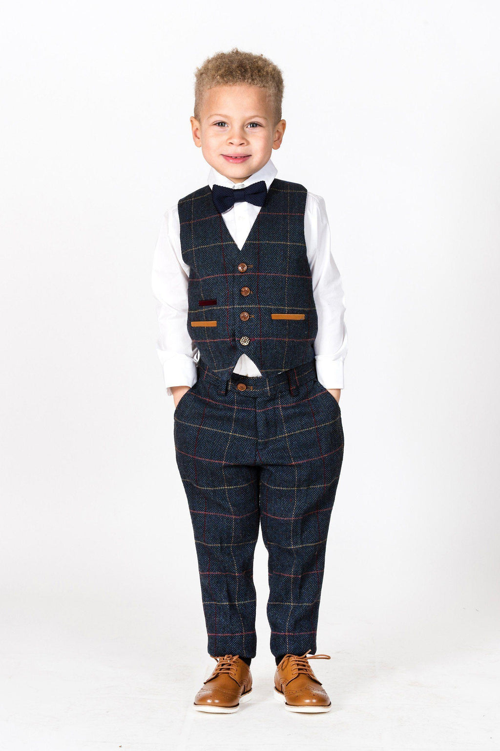 Boy Kid wearing ETON - Childrens Navy Blue Tweed Check Three Piece Suit-marcdarcy Menswear