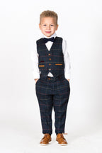 Boy Kid wearing ETON - Childrens Navy Blue Tweed Check Three Piece Suit-marcdarcy Menswear