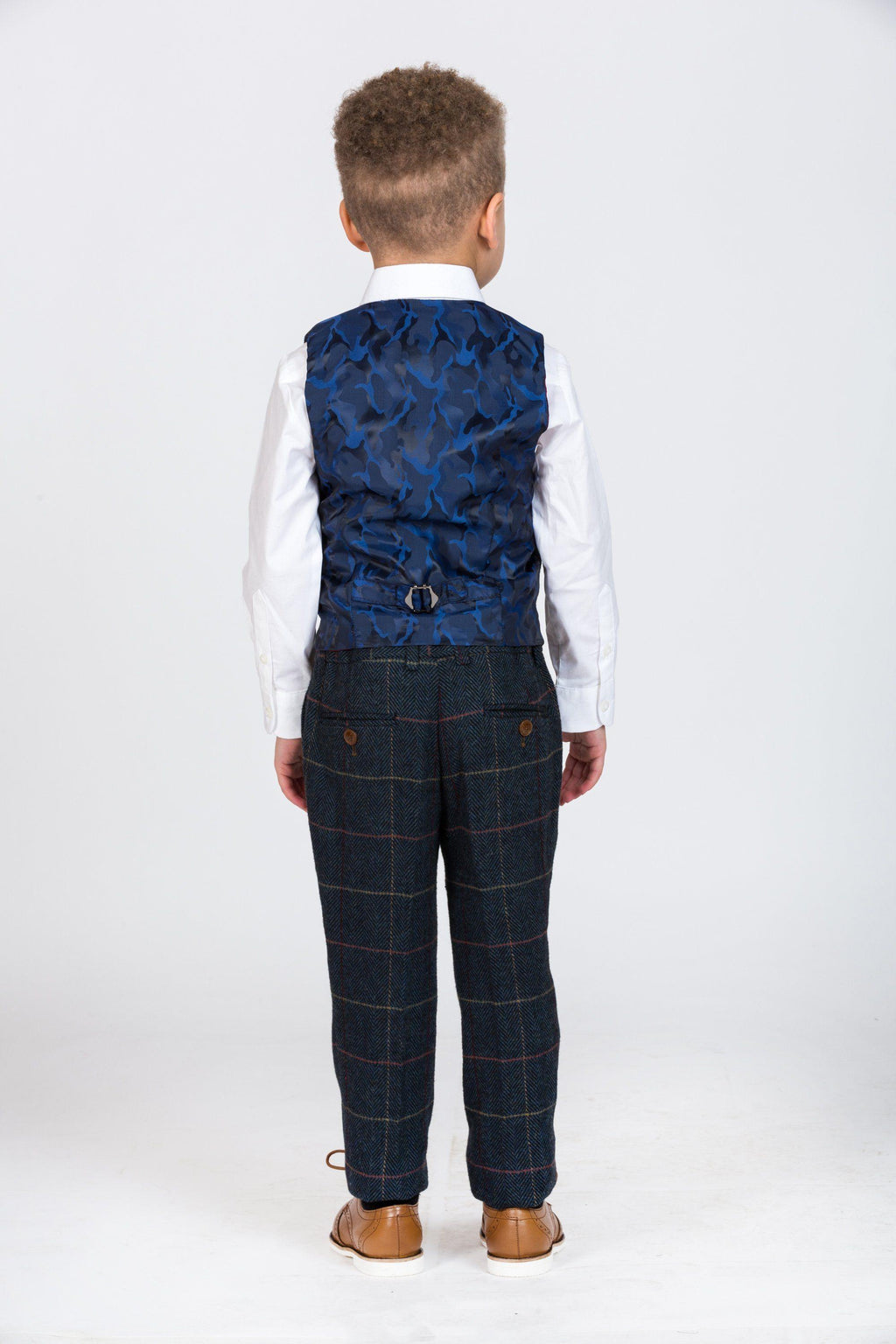 Boy Kid wearing ETON - Childrens Navy Blue Tweed Check Three Piece Suit-marcdarcy Menswear