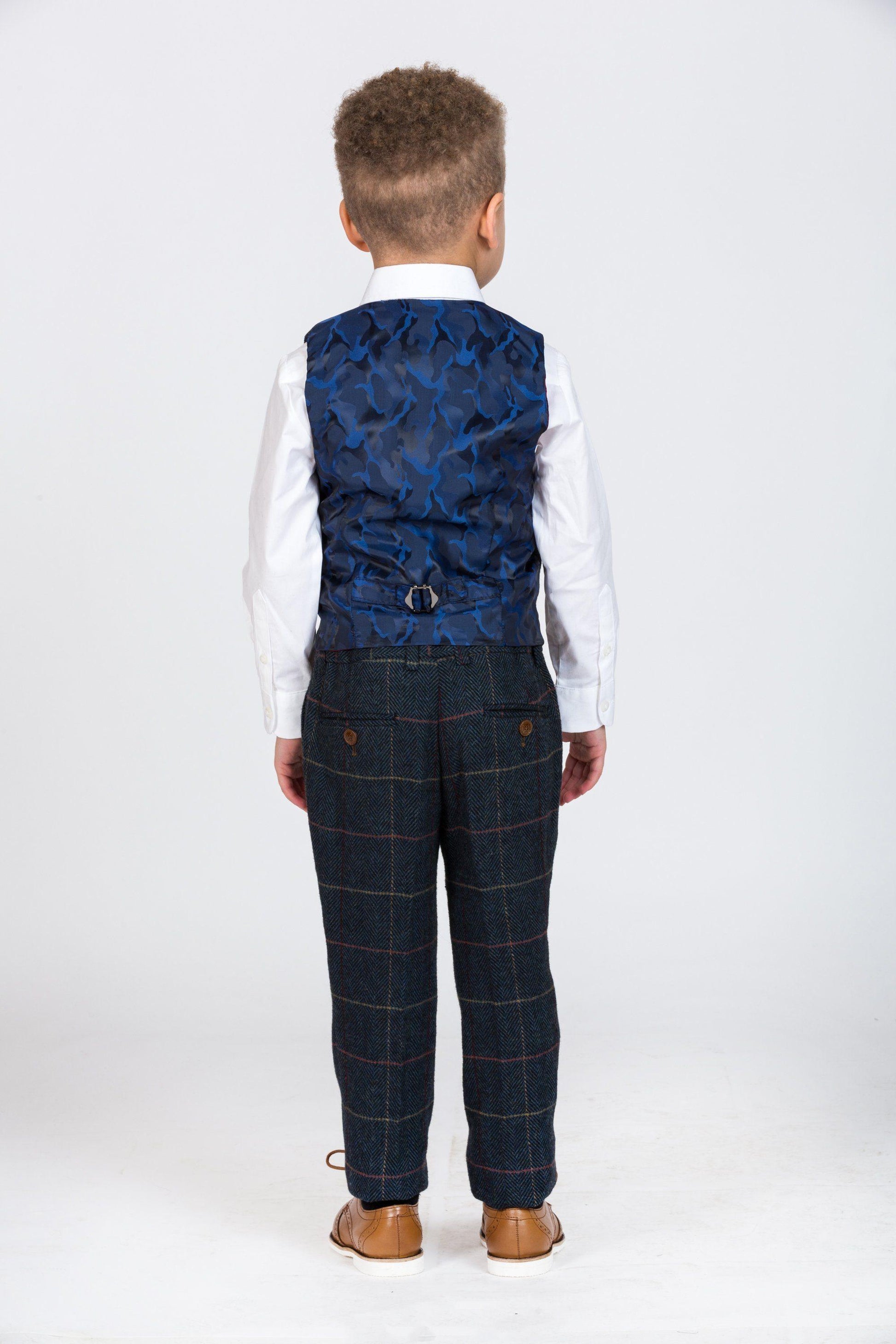 Boy Kid wearing ETON - Childrens Navy Blue Tweed Check Three Piece Suit-marcdarcy Menswear