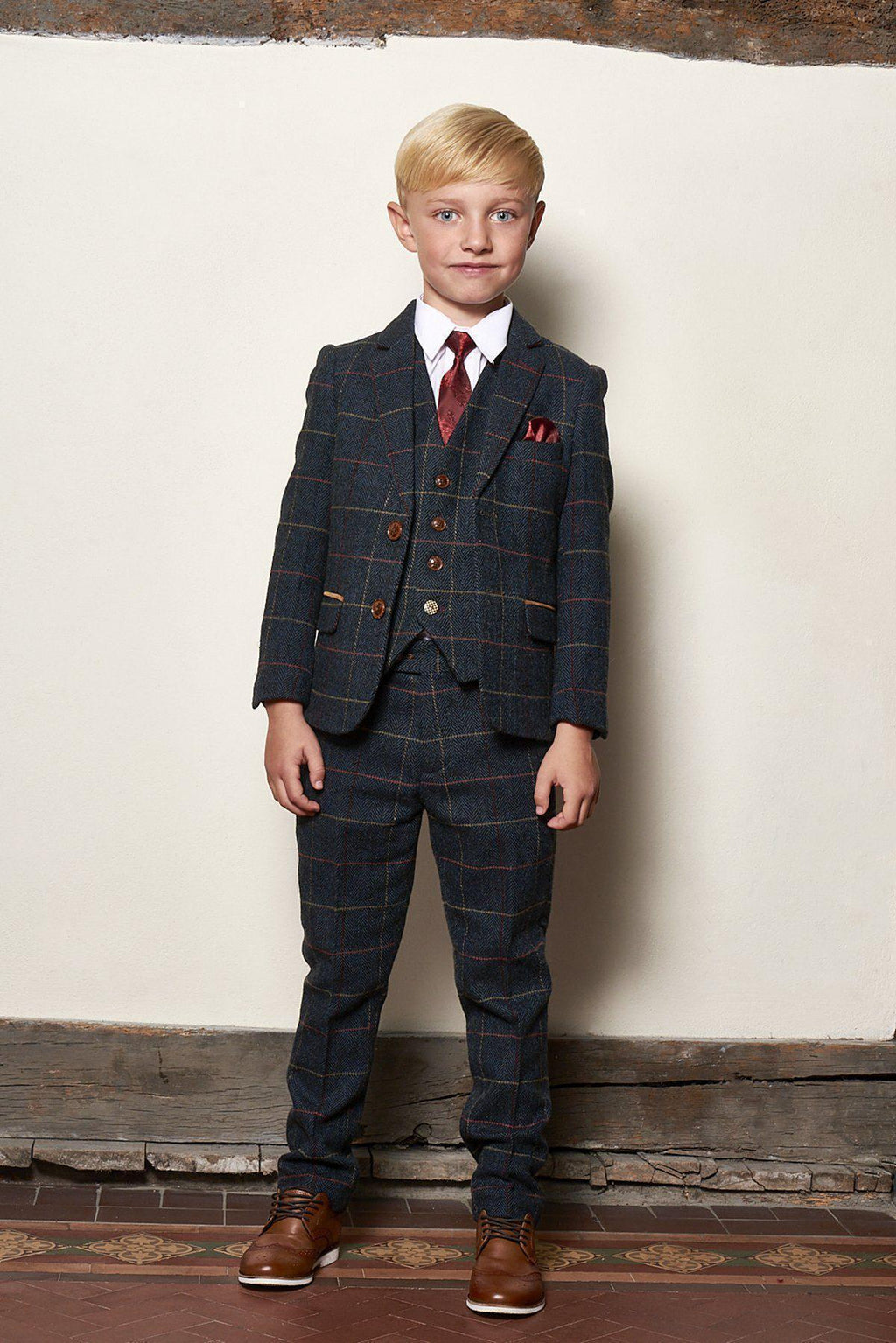 Boy Kid wearing ETON - Childrens Navy Blue Tweed Check Three Piece Suit-marcdarcy Menswear