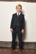 Boy Kid wearing ETON - Childrens Navy Blue Tweed Check Three Piece Suit-marcdarcy Menswear