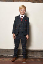 Boy Kid wearing ETON - Childrens Navy Blue Tweed Check Three Piece Suit-marcdarcy Menswear