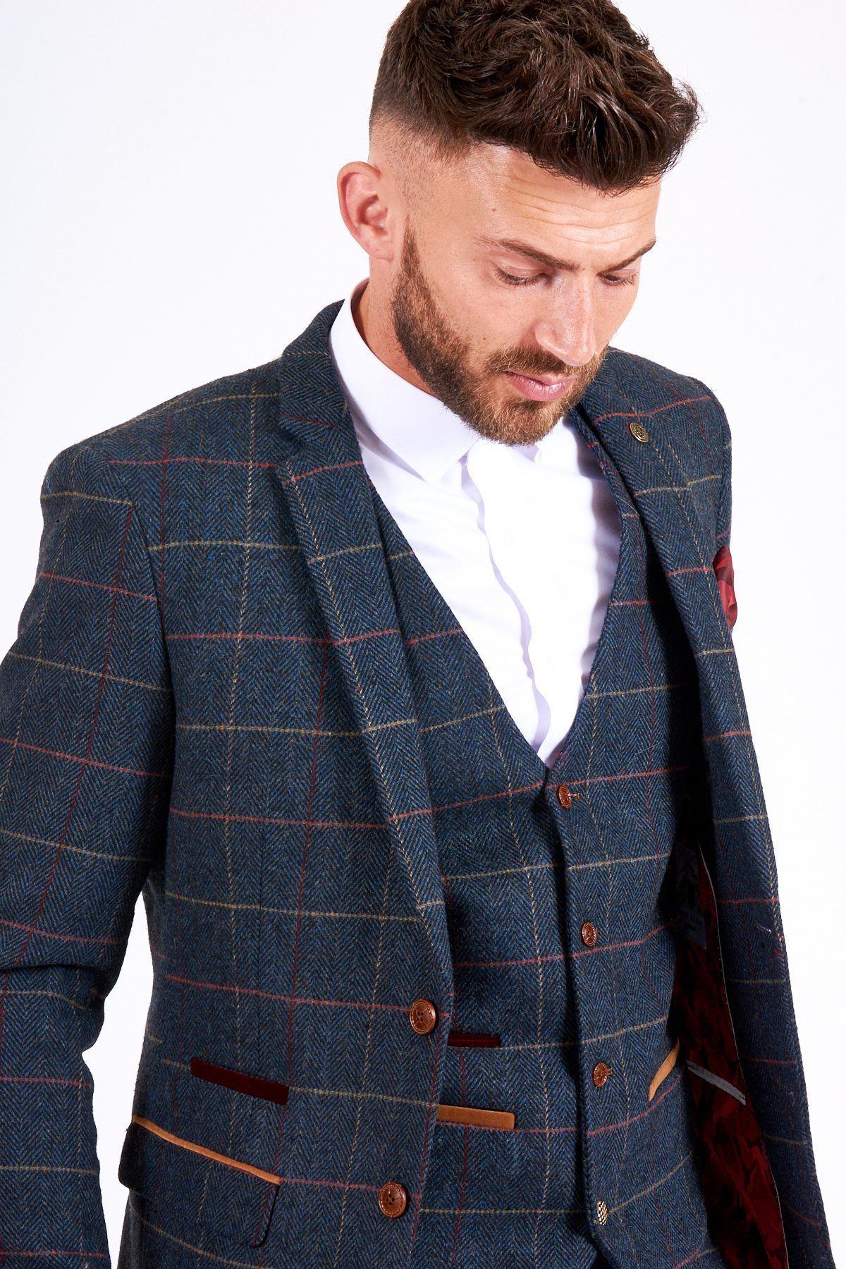 Man wearing men's ETON - Navy Blue Tweed Check Blazer - Marc Darcy Menswear