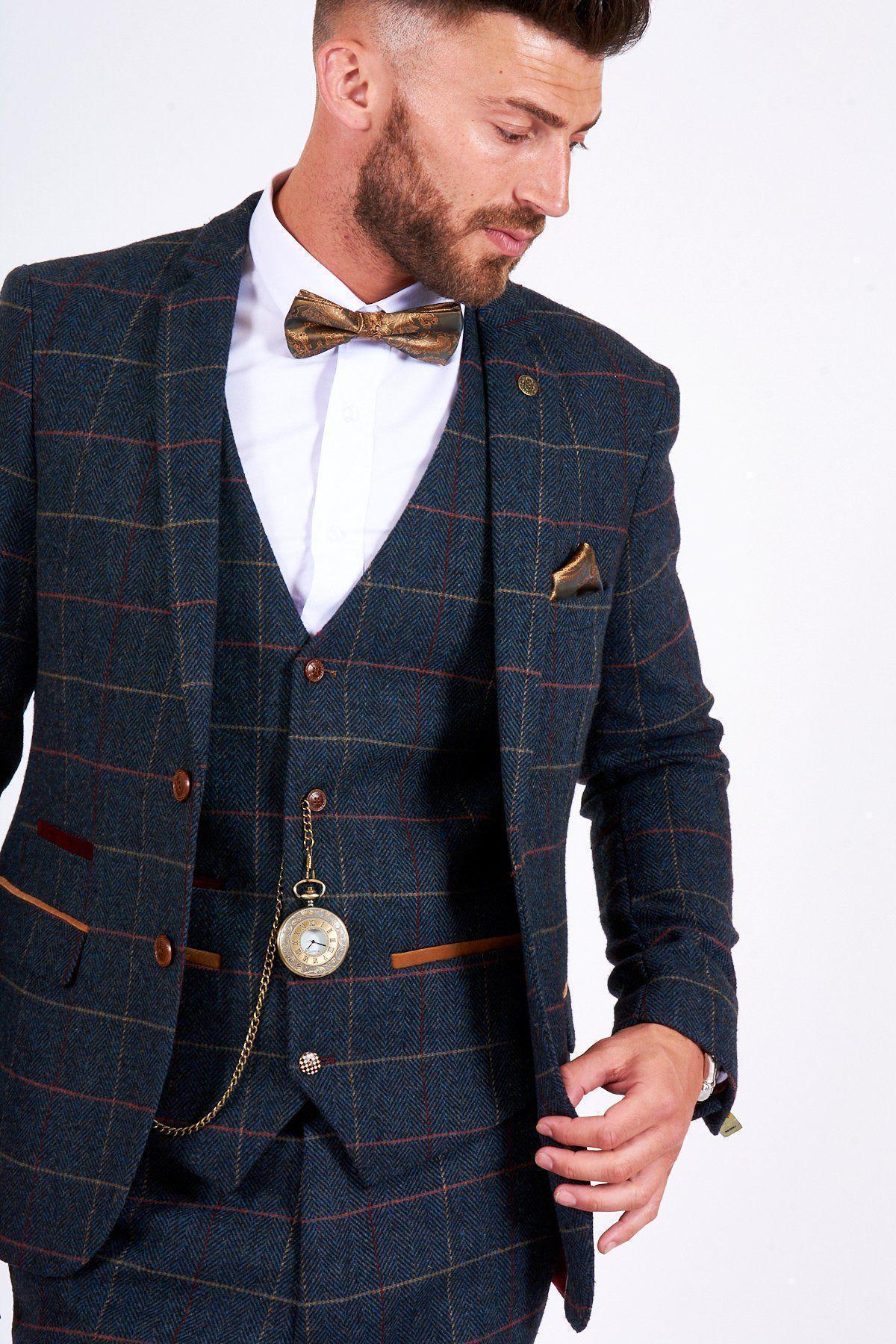 Man wearing men's ETON - Navy Blue Tweed Check Blazer - Marc Darcy Menswear