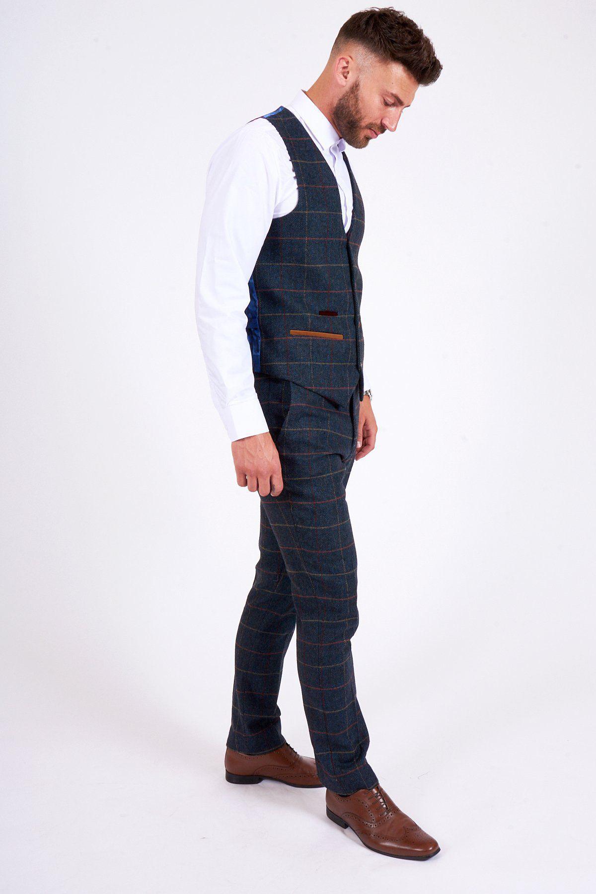 Man wearing men's ETON - Navy Blue Tweed Check Trousers - Marc Darcy Menswear