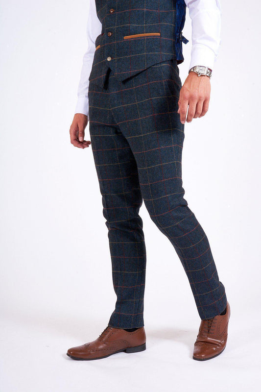 Man wearing men's ETON - Navy Blue Tweed Check Trousers - Marc Darcy Menswear