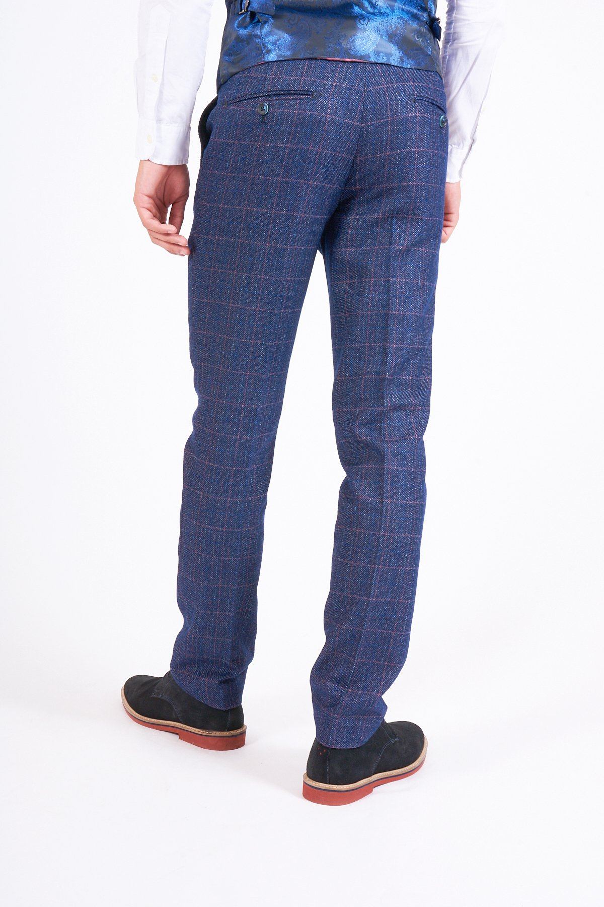 Man wearing men's HARRY - Indigo Tweed Check Trousers - Marc Darcy Menswear