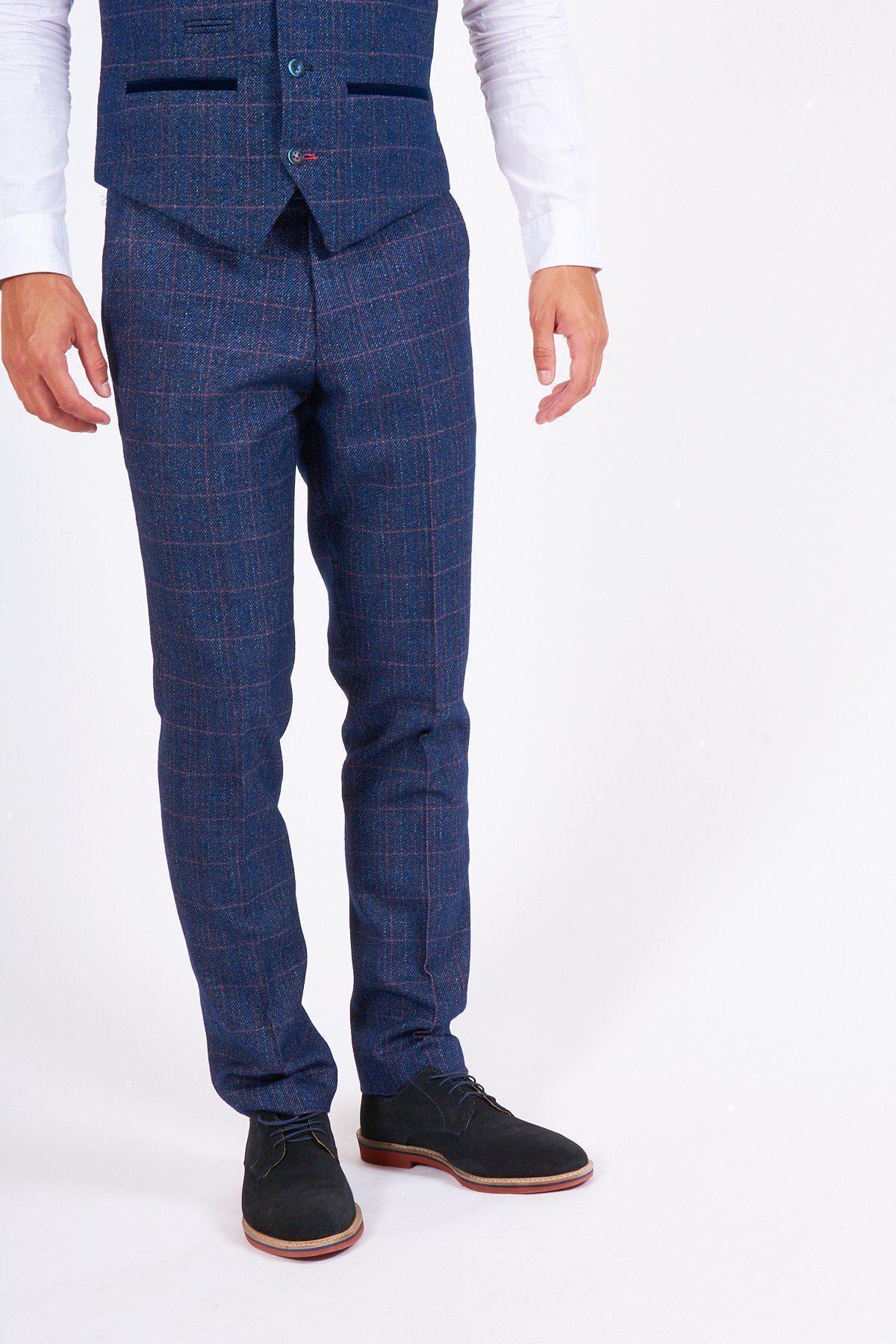 Man wearing men's HARRY - Indigo Tweed Check Trousers - Marc Darcy Menswear