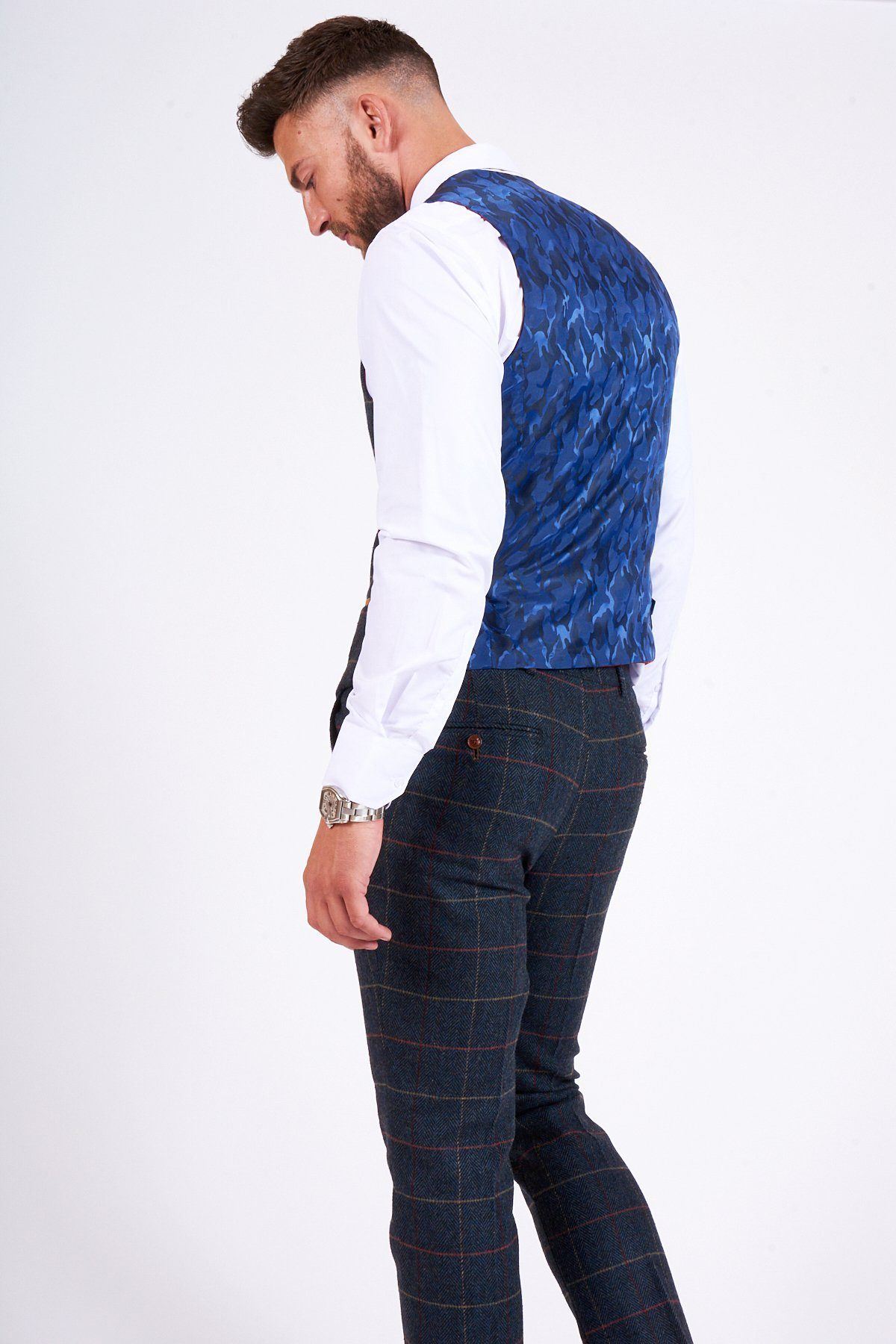 Man wearing men's LEE ETON - Single Breasted Navy Blue Tweed Check Waistcoat - Marc Darcy Menswear