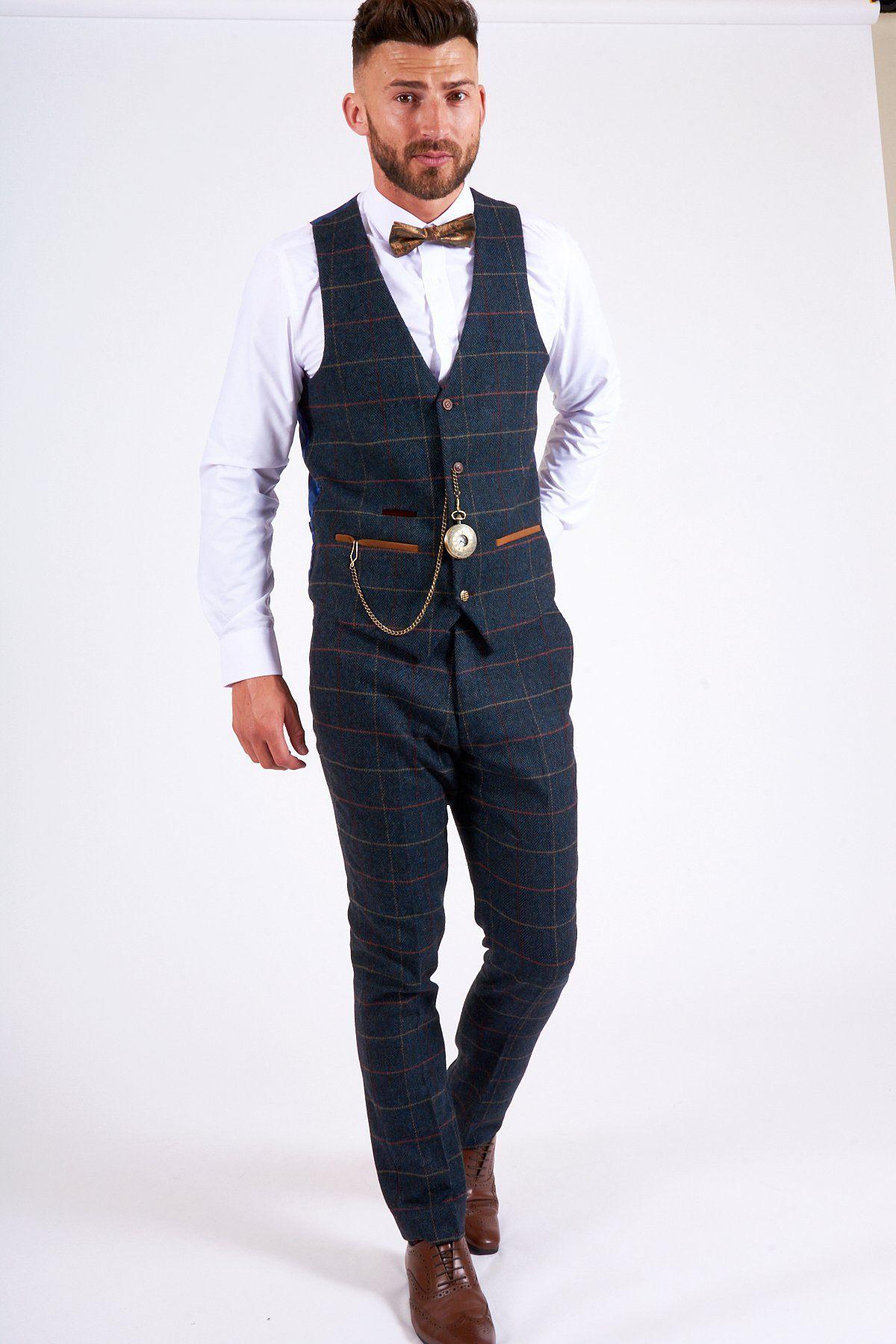Man wearing men's LEE ETON - Single Breasted Navy Blue Tweed Check Waistcoat - Marc Darcy Menswear