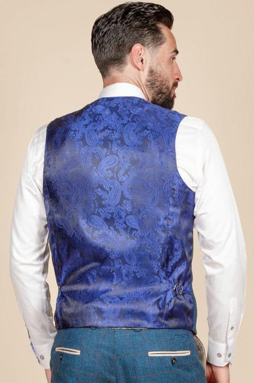 Man wearing men's LEN DION - Blue Tweed Check Waistcoat - Marc Darcy Menswear
