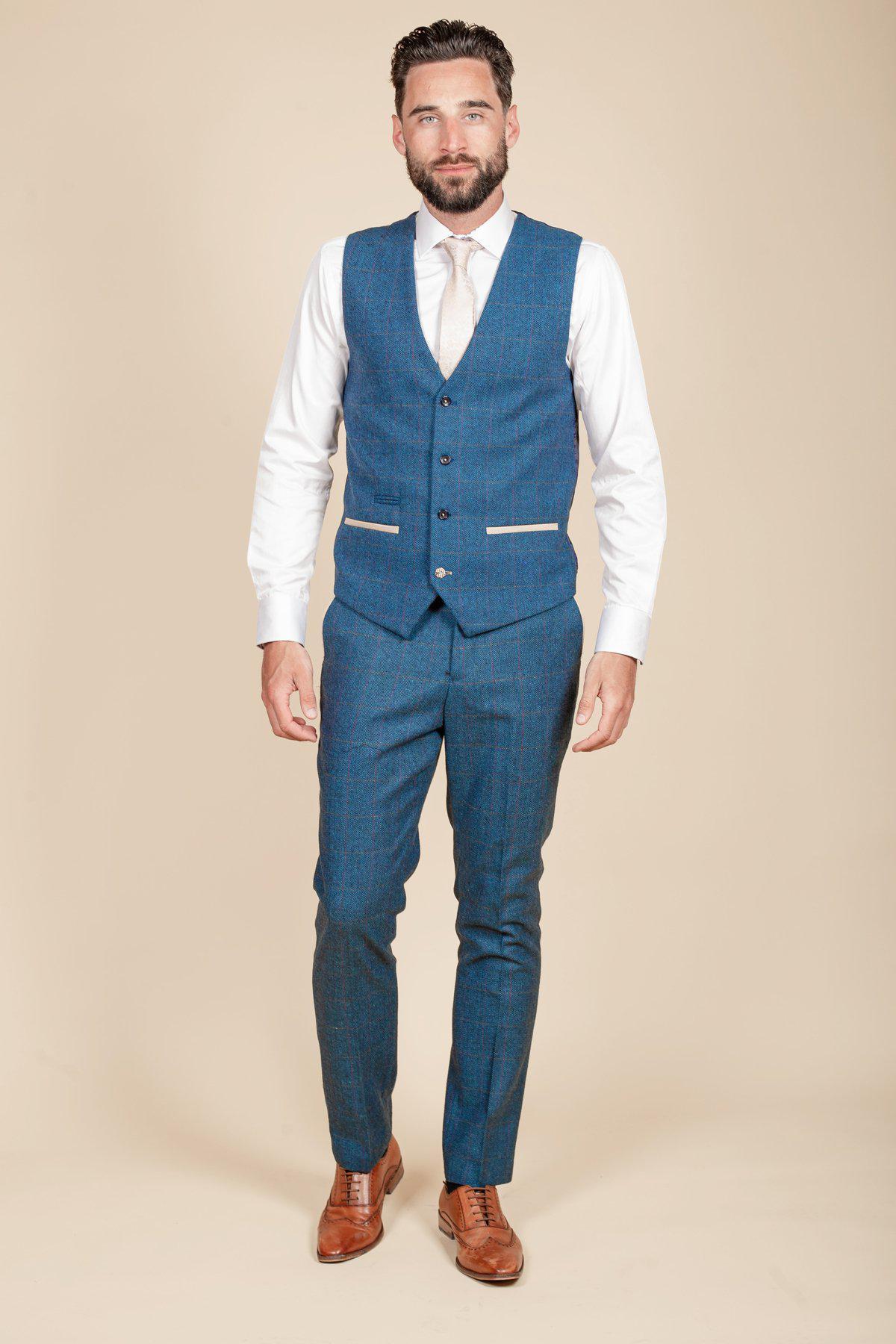 Man wearing men's LEN DION - Blue Tweed Check Waistcoat - Marc Darcy Menswear