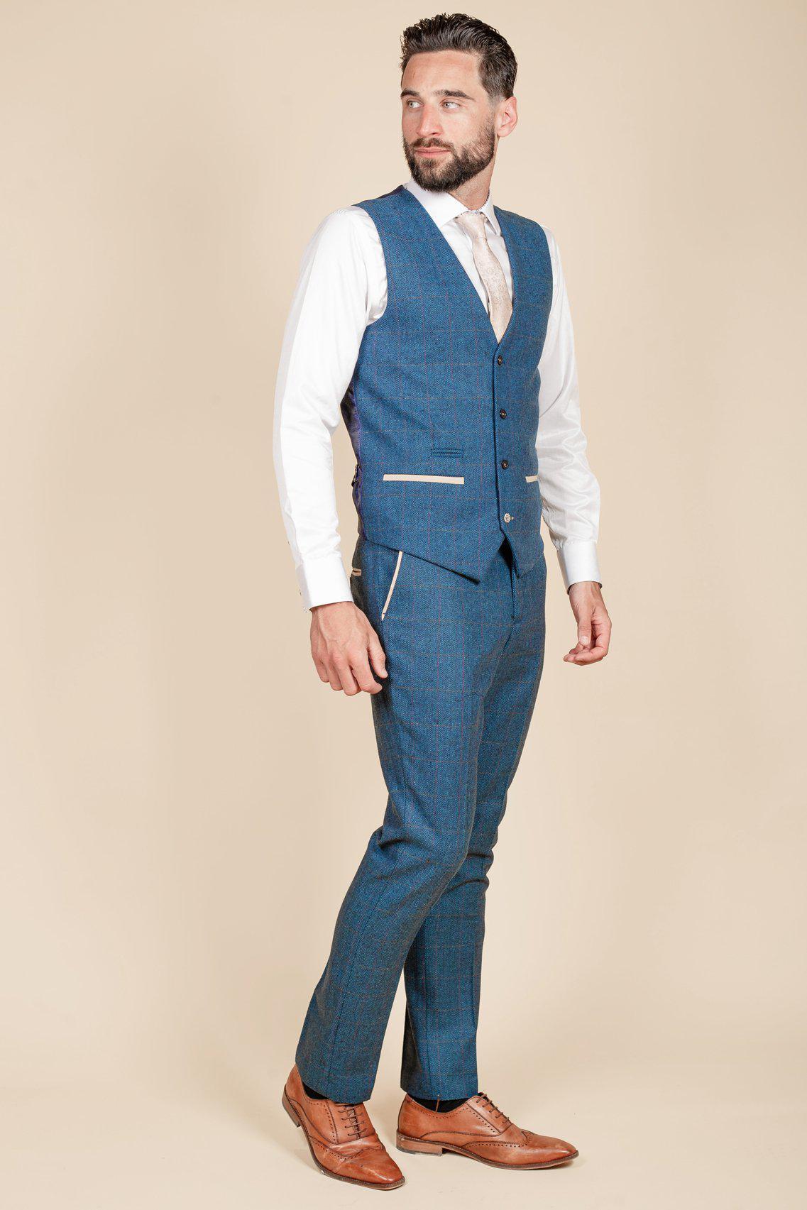 Man wearing men's LEN DION - Blue Tweed Check Waistcoat - Marc Darcy Menswear