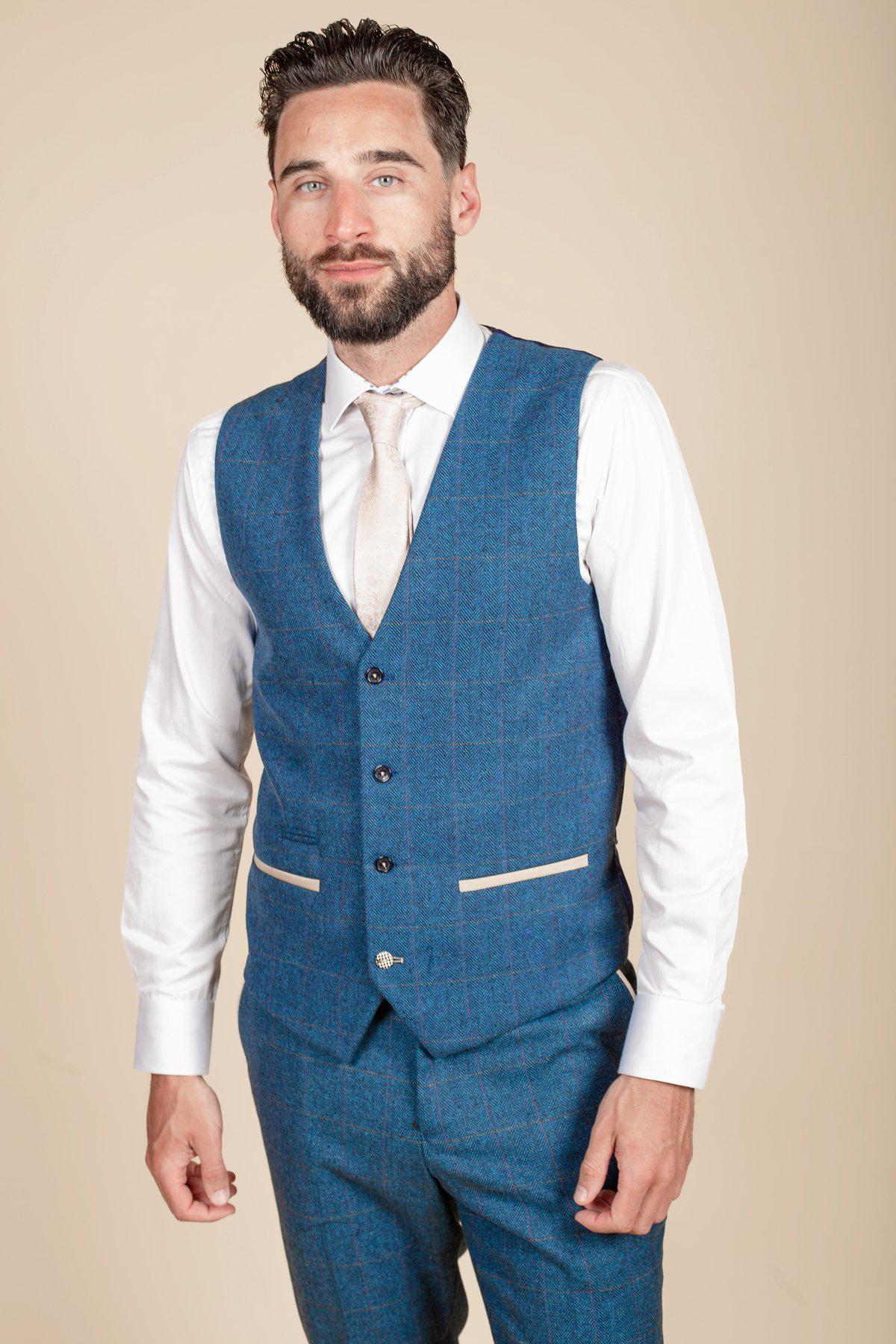 Man wearing men's LEN DION - Blue Tweed Check Waistcoat - Marc Darcy Menswear
