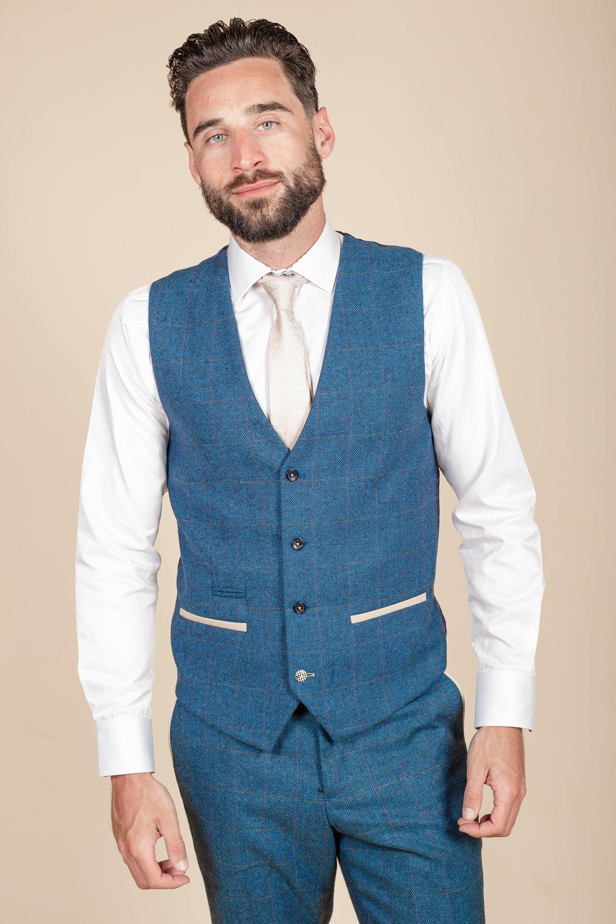 Man wearing men's LEN DION - Blue Tweed Check Waistcoat - Marc Darcy Menswear