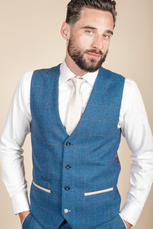 Man wearing men's LEN DION - Blue Tweed Check Waistcoat - Marc Darcy Menswear