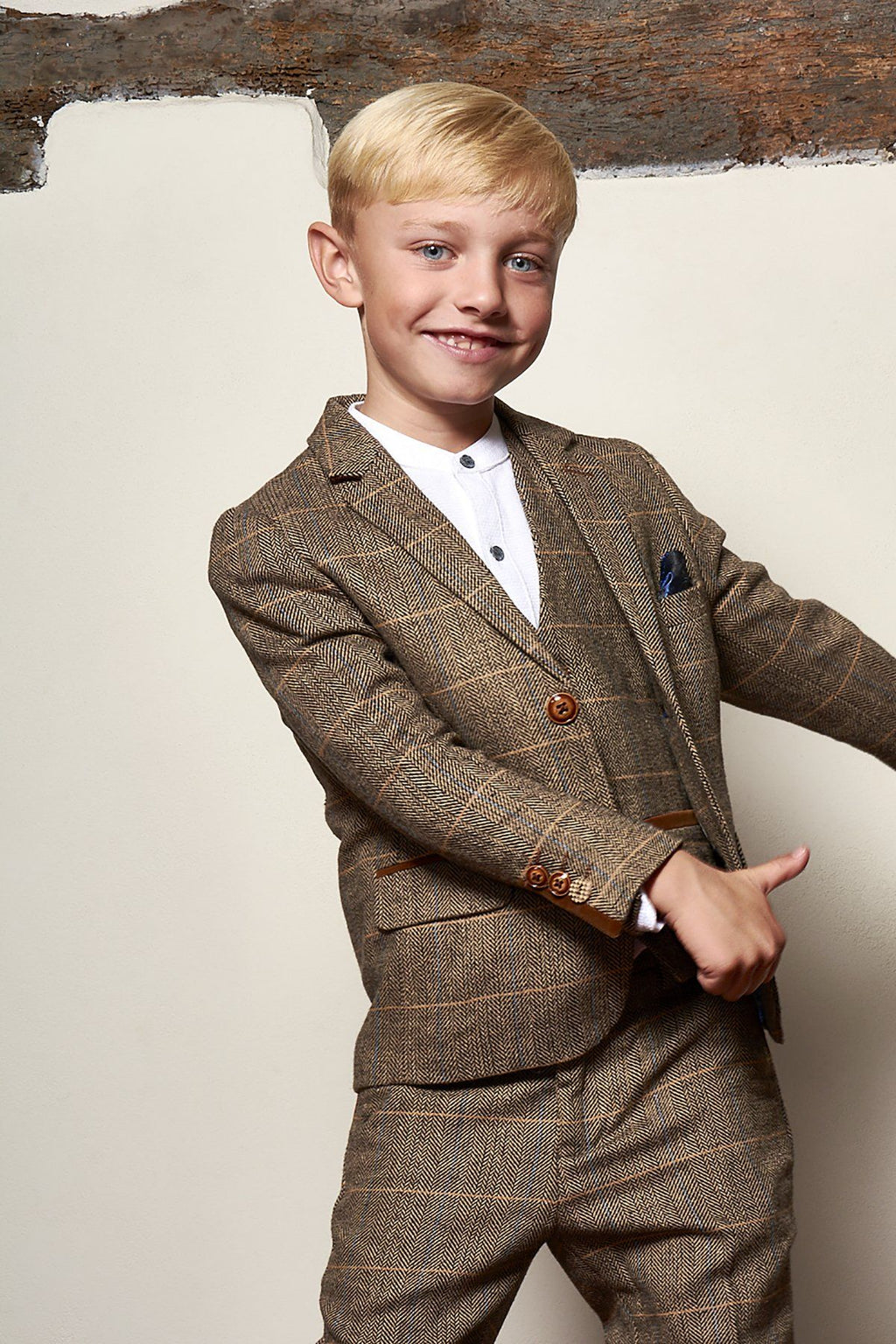 Boy Kid wearing TED - Childrens Tan Tweed Check Three Piece Suit-marcdarcy Menswear