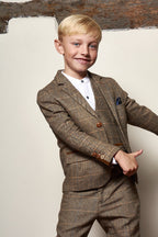 Boy Kid wearing TED - Childrens Tan Tweed Check Three Piece Suit-marcdarcy Menswear