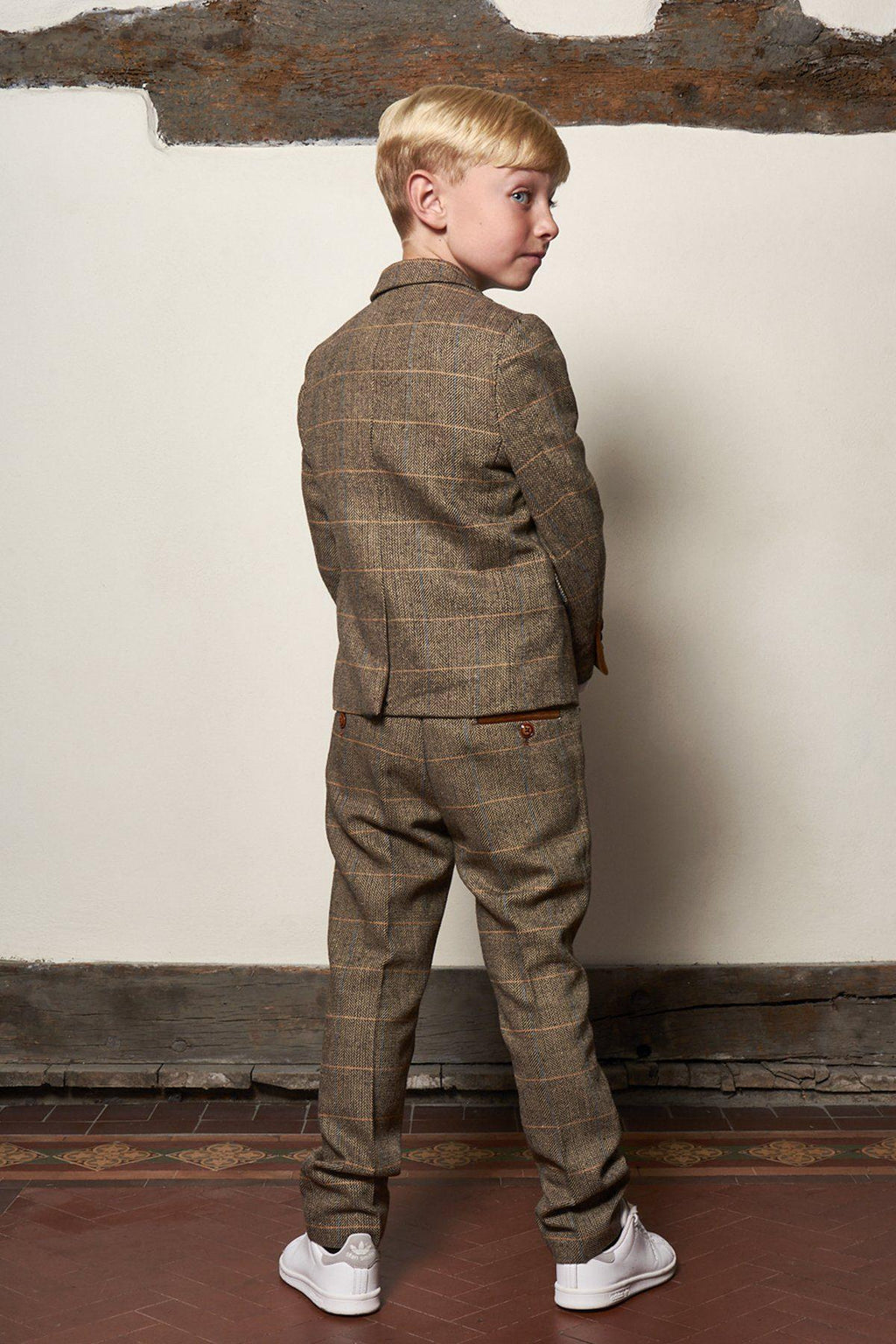 Boy Kid wearing TED - Childrens Tan Tweed Check Three Piece Suit-marcdarcy Menswear