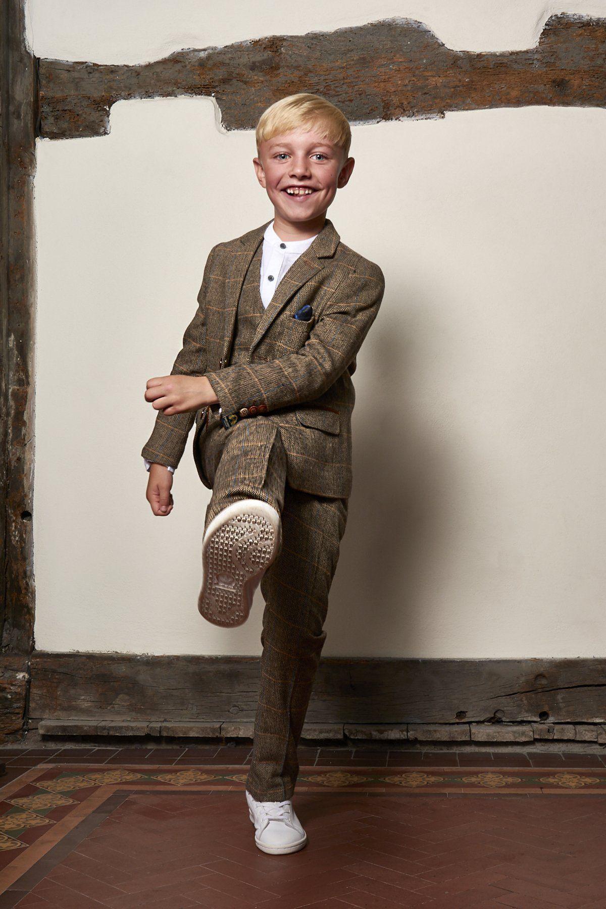 Boy Kid wearing TED - Childrens Tan Tweed Check Three Piece Suit-marcdarcy Menswear
