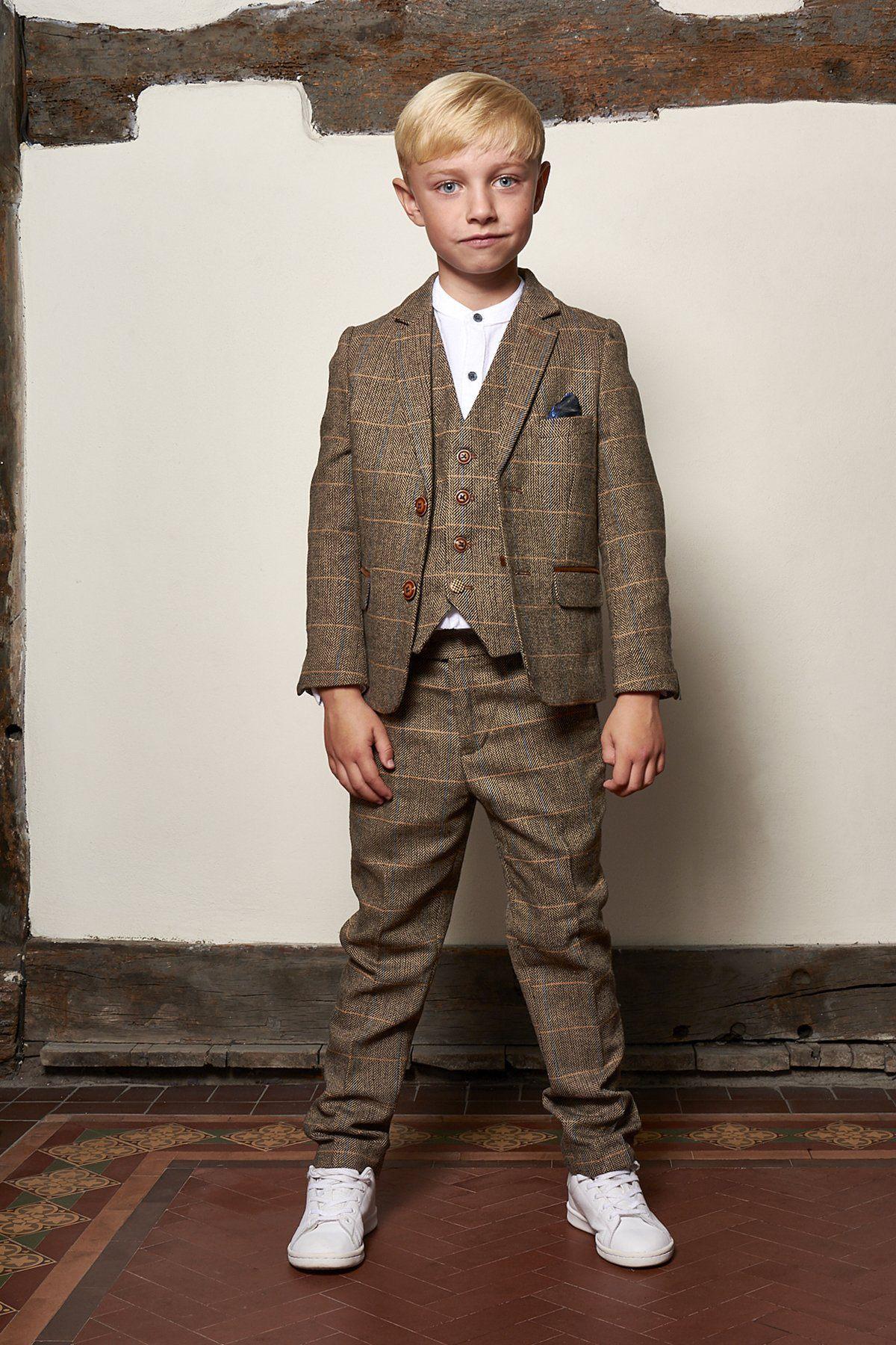 Boy Kid wearing TED - Childrens Tan Tweed Check Three Piece Suit-marcdarcy Menswear